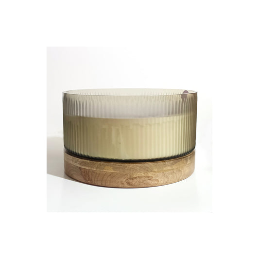 12" 183 OZ GLASS CANDLE W/
 WOOD BASE, IVORY
