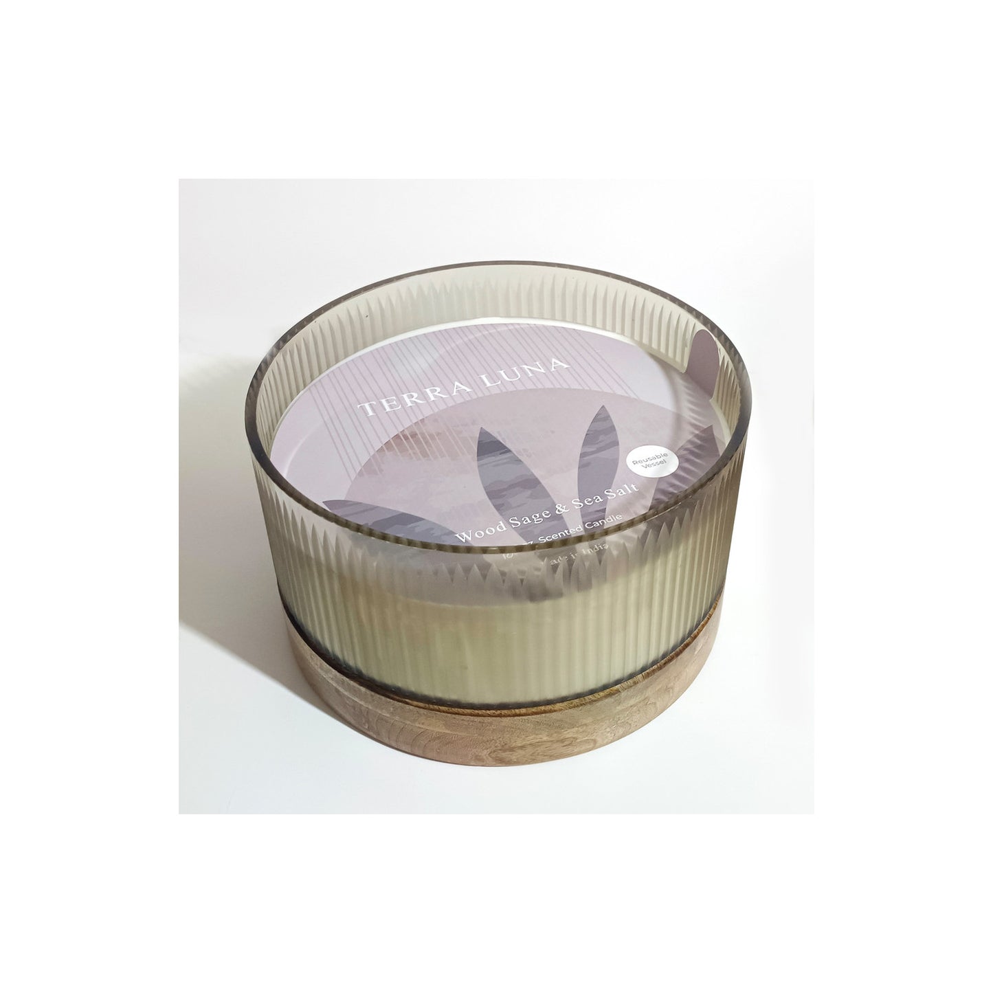 12" 183 OZ GLASS CANDLE W/
 WOOD BASE, IVORY