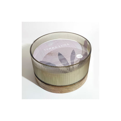 12" 183 OZ GLASS CANDLE W/
 WOOD BASE, IVORY