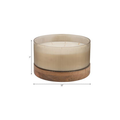 12" 183 OZ GLASS CANDLE W/
 WOOD BASE, IVORY