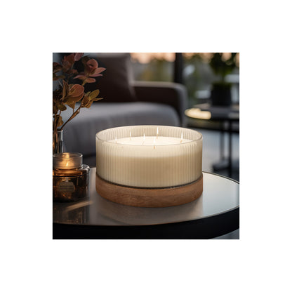 12" 183 OZ GLASS CANDLE W/
 WOOD BASE, IVORY