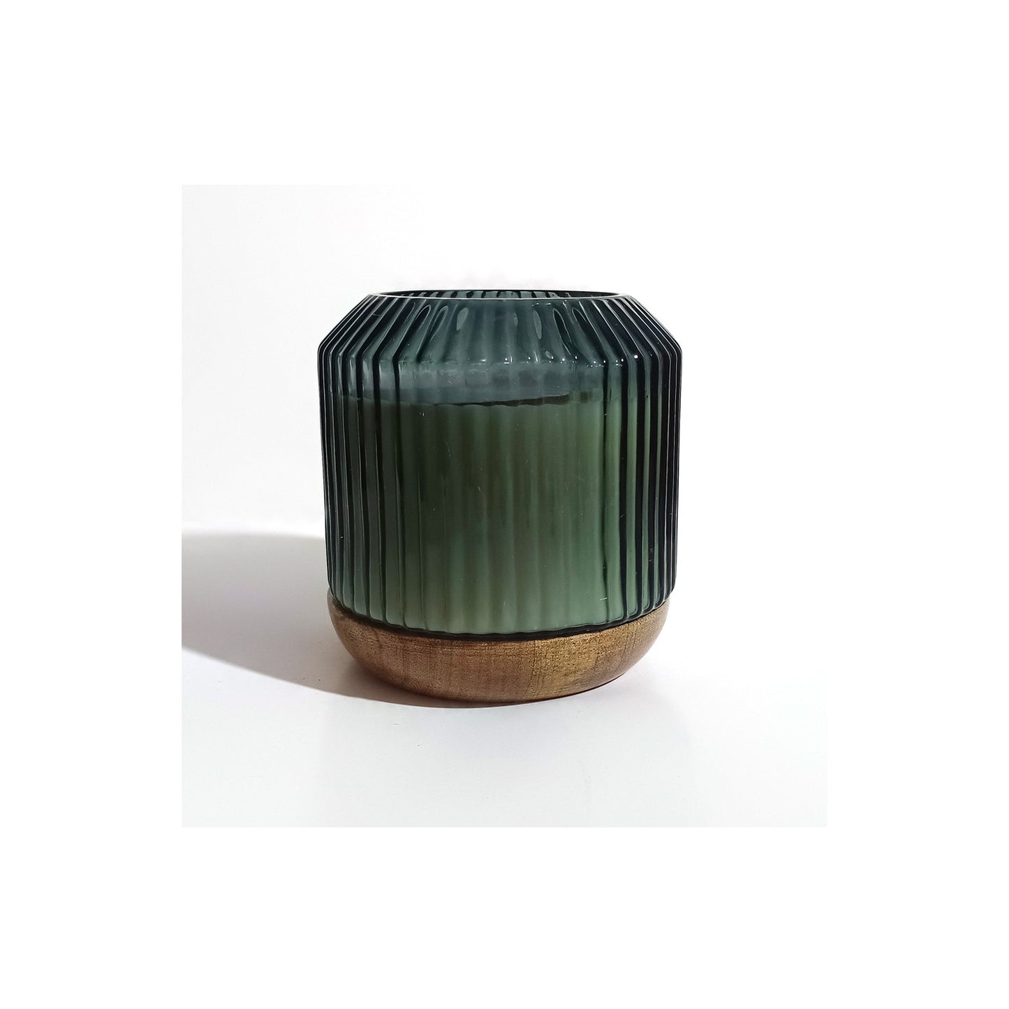 6" 42OZ GLASS CANDLE W/ WOOD
 BASE, GREEN