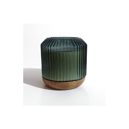 6" 42OZ GLASS CANDLE W/ WOOD
 BASE, GREEN