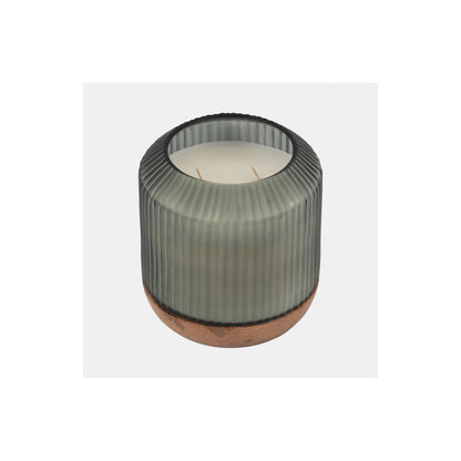 6" 42OZ GLASS CANDLE W/ WOOD
 BASE, GREEN