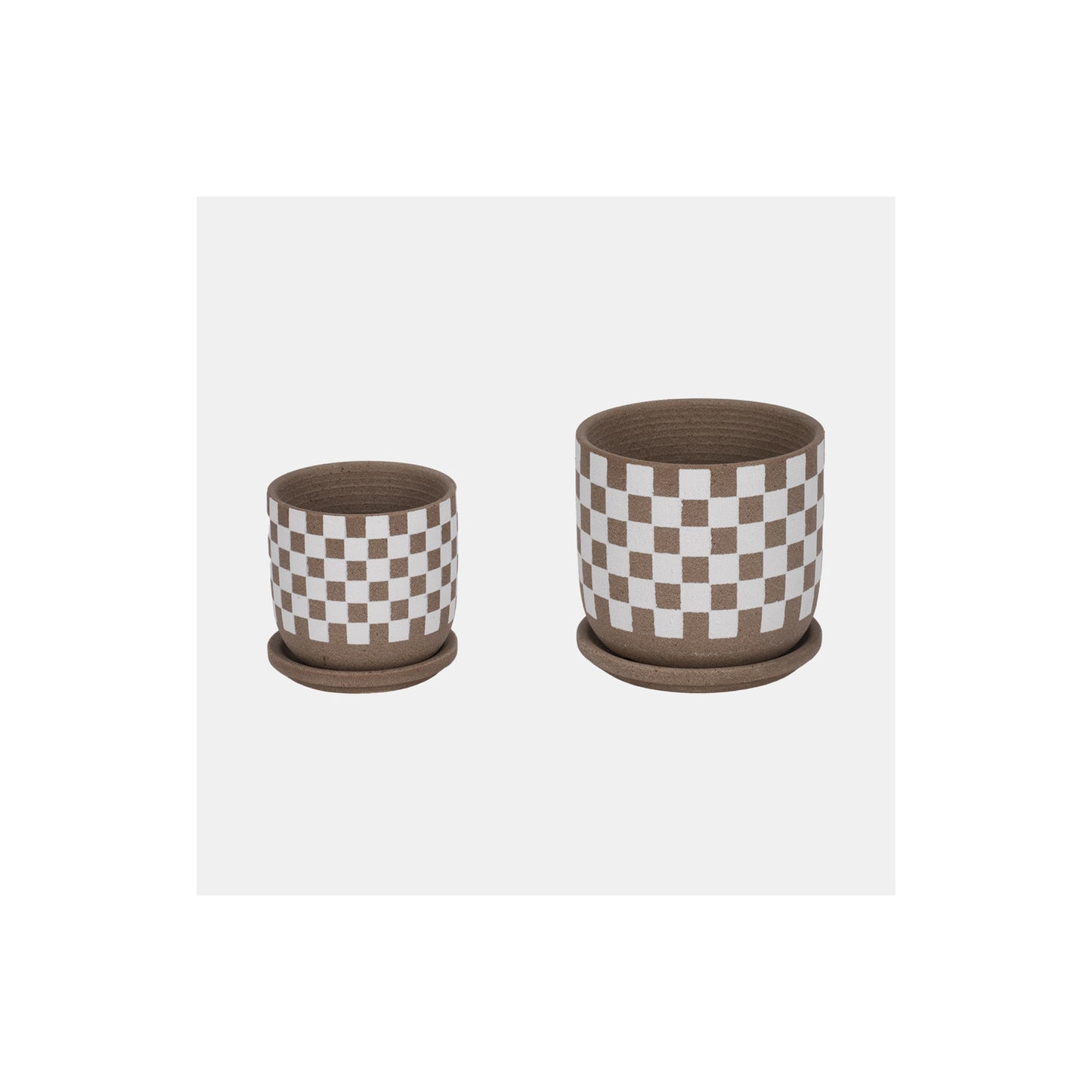 S/2 5/6" CHECKERBOARD SAUCER PLANTERS, WHITE/TAN