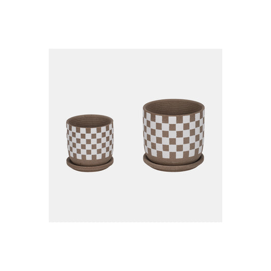 S/2 5/6" CHECKERBOARD SAUCER PLANTERS, WHITE/TAN