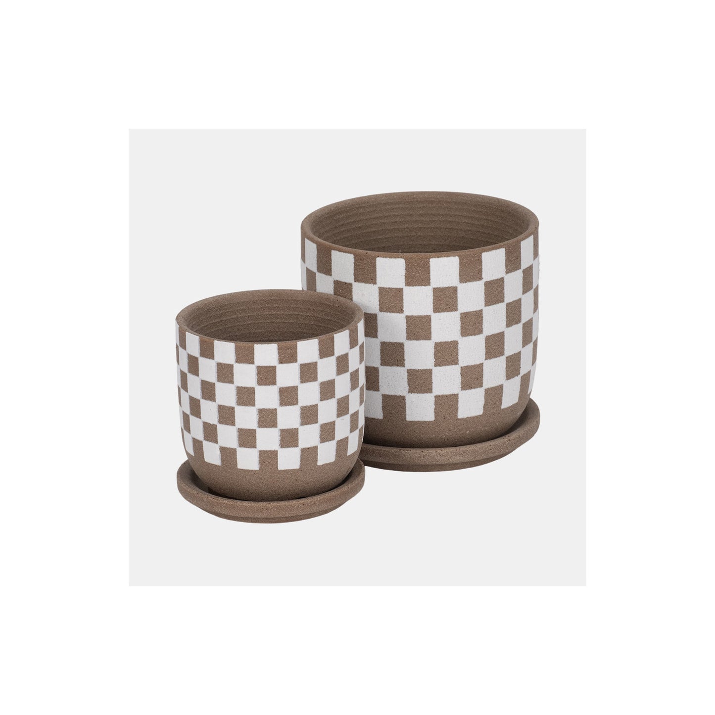 S/2 5/6" CHECKERBOARD SAUCER PLANTERS, WHITE/TAN