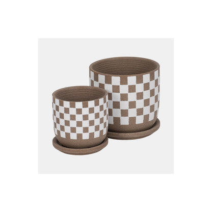 S/2 5/6" CHECKERBOARD SAUCER PLANTERS, WHITE/TAN
