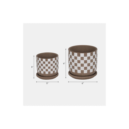 S/2 5/6" CHECKERBOARD SAUCER PLANTERS, WHITE/TAN